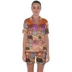 Pusheen Cute Fall The Cat Satin Short Sleeve Pajamas Set by Modalart