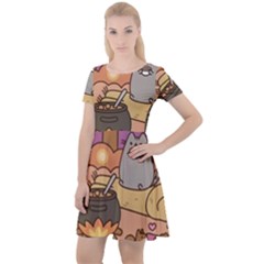 Pusheen Cute Fall The Cat Cap Sleeve Velour Dress  by Modalart