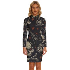 Grunge Seamless Pattern With Skulls Long Sleeve Shirt Collar Bodycon Dress by Bedest