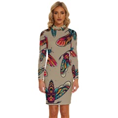 Tattoos Colorful Seamless Pattern Long Sleeve Shirt Collar Bodycon Dress by Bedest