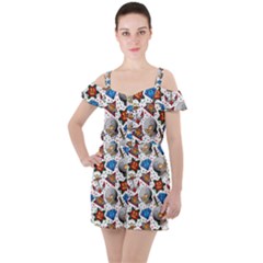 Full Color Flash Tattoo Patterns Ruffle Cut Out Chiffon Playsuit by Bedest