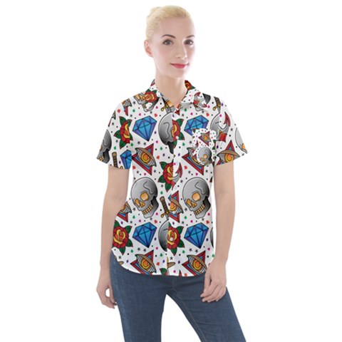 Full Color Flash Tattoo Patterns Women s Short Sleeve Pocket Shirt by Bedest