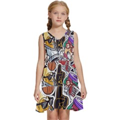 Vintage College Colorful Seamless Pattern Kids  Sleeveless Tiered Mini Dress by Bedest