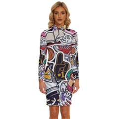 Vintage College Colorful Seamless Pattern Long Sleeve Shirt Collar Bodycon Dress by Bedest