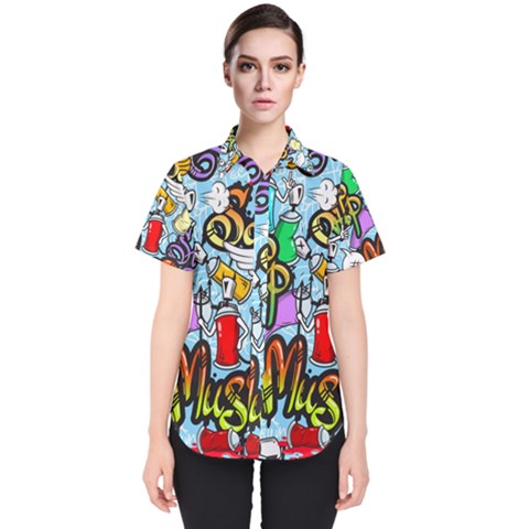 Graffiti Characters Seamless Patterns Women s Short Sleeve Shirt by Bedest