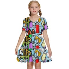 Graffiti Characters Seamless Patterns Kids  Short Sleeve Tiered Mini Dress by Bedest