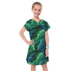 Tropical Green Leaves Background Kids  Drop Waist Dress by Bedest