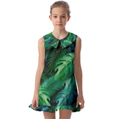 Tropical Green Leaves Background Kids  Pilgrim Collar Ruffle Hem Dress by Bedest