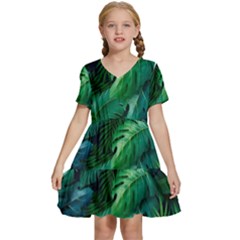 Tropical Green Leaves Background Kids  Short Sleeve Tiered Mini Dress by Bedest