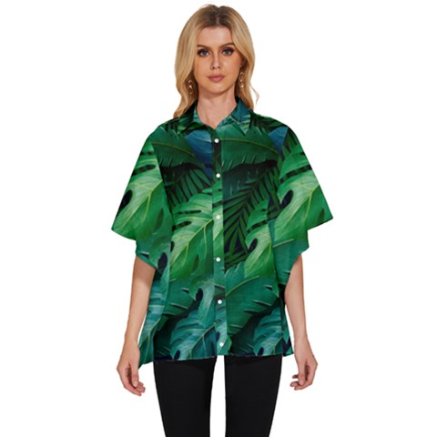 Tropical Green Leaves Background Women s Batwing Button Up Shirt by Bedest