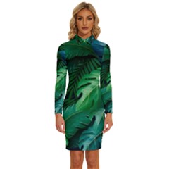 Tropical Green Leaves Background Long Sleeve Shirt Collar Bodycon Dress by Bedest