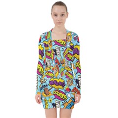 Comic Elements Colorful Seamless Pattern V-neck Bodycon Long Sleeve Dress by Bedest