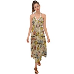 Seamless Pattern With Flower Bird Halter Tie Back Dress  by Bedest