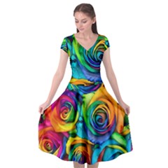 Colorful Roses Bouquet Rainbow Cap Sleeve Wrap Front Dress by Pakjumat