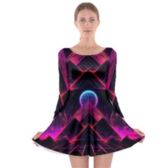 Synthwave City Retrowave Wave Long Sleeve Skater Dress by Pakjumat