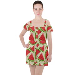 Cute Watermelon Seamless Pattern Ruffle Cut Out Chiffon Playsuit by Pakjumat