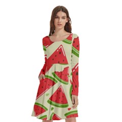 Cute Watermelon Seamless Pattern Long Sleeve Knee Length Skater Dress With Pockets by Pakjumat