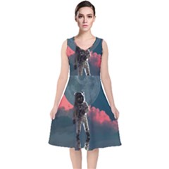 Astronaut Moon Space Nasa Planet V-neck Midi Sleeveless Dress  by Maspions