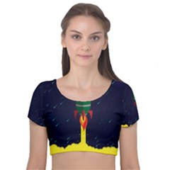 Rocket Halftone Astrology Astronaut Velvet Short Sleeve Crop Top  by Sarkoni