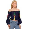 Rocket Halftone Astrology Astronaut Off Shoulder Flutter Bell Sleeve Top View3