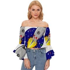 Rocket Ship Launch Vehicle Moon Off Shoulder Flutter Bell Sleeve Top by Sarkoni