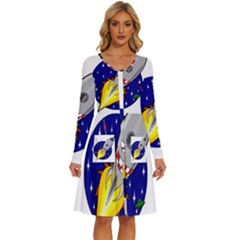 Rocket Ship Launch Vehicle Moon Long Sleeve Dress With Pocket by Sarkoni