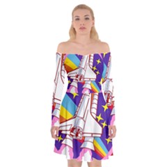 Badge Patch Pink Rainbow Rocket Off Shoulder Skater Dress by Sarkoni