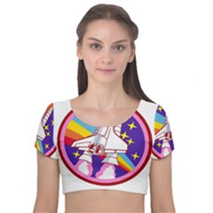 Badge Patch Pink Rainbow Rocket Velvet Short Sleeve Crop Top  by Sarkoni