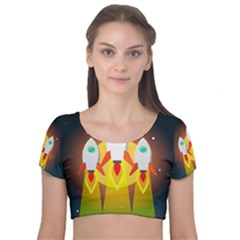 Rocket Take Off Missiles Cosmos Velvet Short Sleeve Crop Top  by Sarkoni