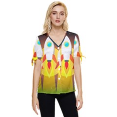 Rocket Take Off Missiles Cosmos Bow Sleeve Button Up Top by Sarkoni