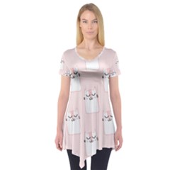 Pattern Pink Cute Sweet Fur Cats Short Sleeve Tunic  by Sarkoni