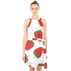 Seamless Pattern Fresh Strawberry Halter Collar Waist Tie Chiffon Dress by Sarkoni