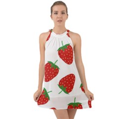 Seamless Pattern Fresh Strawberry Halter Tie Back Chiffon Dress by Sarkoni