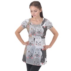 Cute Cats Seamless Pattern Puff Sleeve Tunic Top by Sarkoni