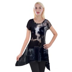 City Night Moon Skyline Skyscraper Short Sleeve Side Drop Tunic by Grandong