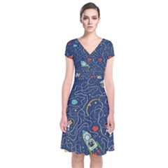 Cat Cosmos Cosmonaut Rocket Short Sleeve Front Wrap Dress by Grandong