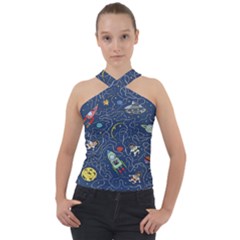 Cat Cosmos Cosmonaut Rocket Cross Neck Velour Top by Grandong