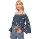 Cat Cosmos Cosmonaut Rocket Off Shoulder Flutter Bell Sleeve Top View2