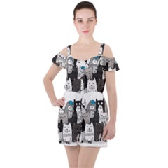 Cute Cat Hand Drawn Cartoon Style Ruffle Cut Out Chiffon Playsuit by Grandong