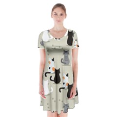 Cute Cat Seamless Pattern Short Sleeve V-neck Flare Dress by Apen