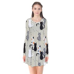 Cute Cat Seamless Pattern Long Sleeve V-neck Flare Dress by Apen