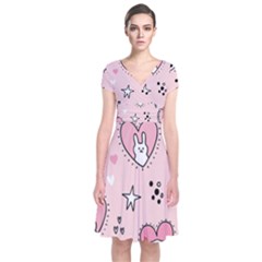 Cartoon Cute Valentines Day Doodle Heart Love Flower Seamless Pattern Vector Short Sleeve Front Wrap Dress by Apen