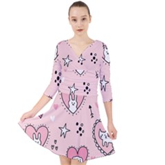 Cartoon Cute Valentines Day Doodle Heart Love Flower Seamless Pattern Vector Quarter Sleeve Front Wrap Dress by Apen