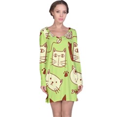 Cute Hand Drawn Cat Seamless Pattern Long Sleeve Nightdress by Bedest