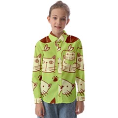 Cute Hand Drawn Cat Seamless Pattern Kids  Long Sleeve Shirt by Bedest