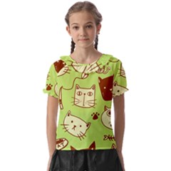 Cute Hand Drawn Cat Seamless Pattern Kids  Frill Chiffon Blouse by Bedest