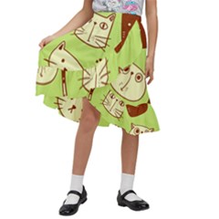 Cute Hand Drawn Cat Seamless Pattern Kids  Ruffle Flared Wrap Midi Skirt by Bedest