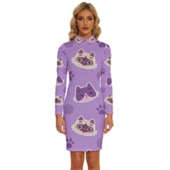 Cute Colorful Cat Kitten With Paw Yarn Ball Seamless Pattern Long Sleeve Shirt Collar Bodycon Dress by Bedest