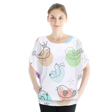 Cartoon Bird Cute Doodle Bird Batwing Chiffon Blouse by Bedest