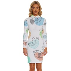 Cartoon Bird Cute Doodle Bird Long Sleeve Shirt Collar Bodycon Dress by Bedest